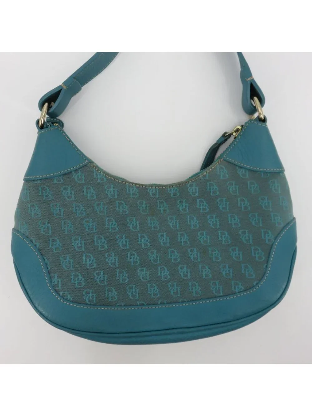 Dooney and Bourke Signature DB Logo Jacquard Hobo Shoulder Bag Blue Leather Y2K